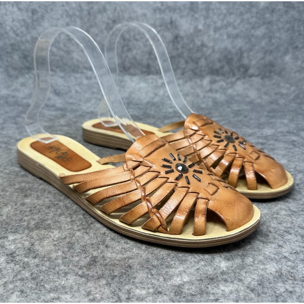 Vtg Huarache Woven Slide Flat Mule Womens Sz 7.5 Tan Boho Festival Beaded Shoes